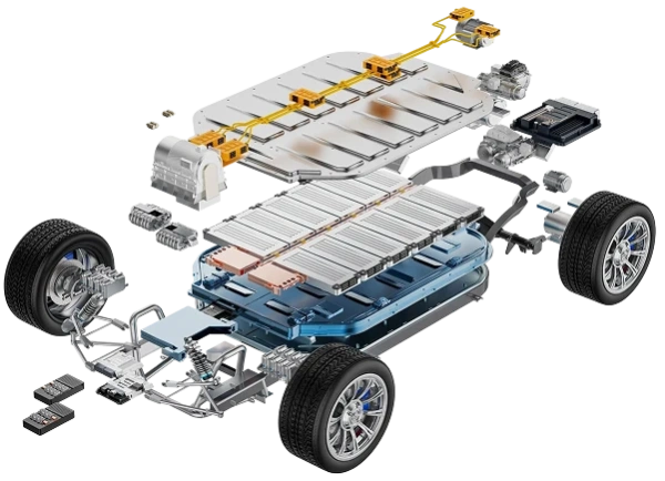 Carro elétrico com o conjunto de baterias em destaque