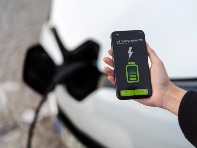 Celular mostrando a carga da bateria do carro elétrico
